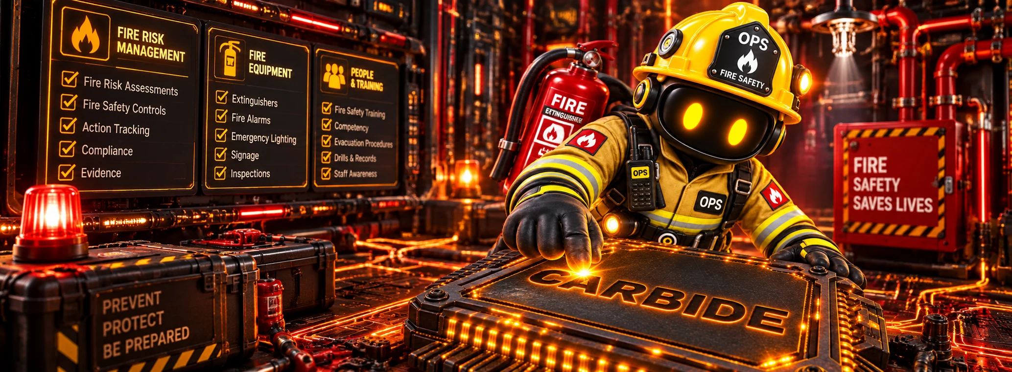 OPS in fire safety gear, checking fire safety equipment in a UK industrial facility